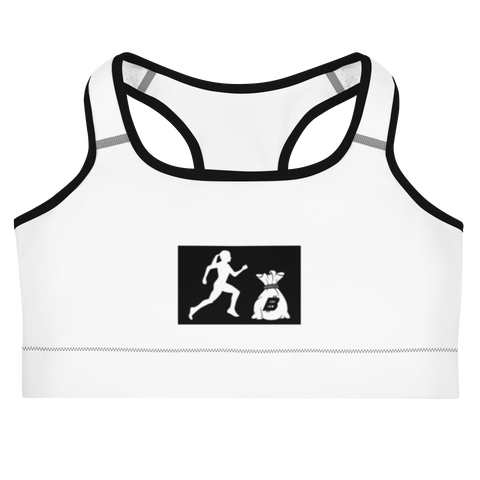 "W. Sup run it up/Benji" White (Black logo) Sports bra