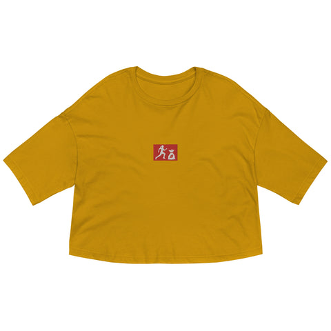 "W. Run it up Patch" Mustard (Red logo) Embroidered Loose drop shoulder crop top